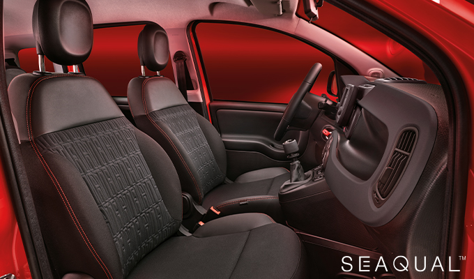 New black fabric seats with FIAT monogram Seaqual® Yarn, and Red stitching